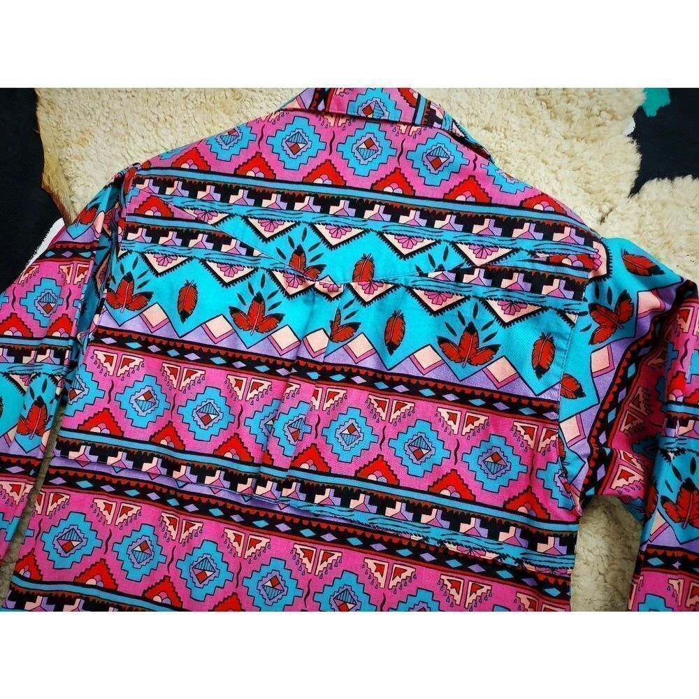 Vtg 1980s 90s NAVAJO Turquoise Pink ALL-OVER Print BRUSHPOPPER Rodeo Shirt Sz S - Picture 8 of 8